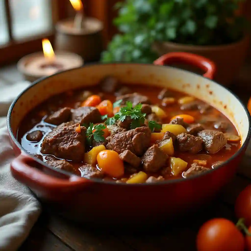 Delicious, rich beef stew with vegetables in a rustic kitchen.