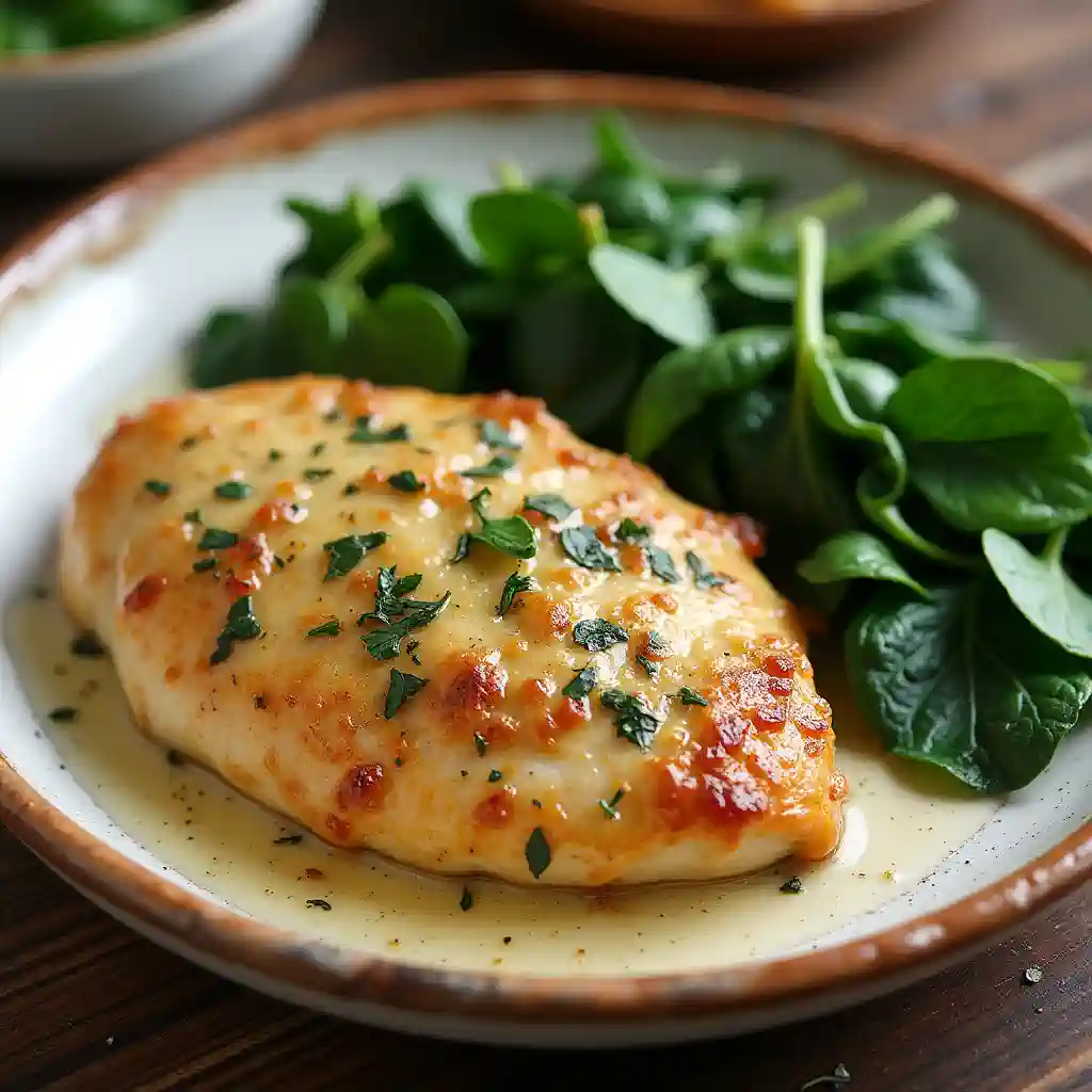 Pan-seared chicken breast with creamy sauce and sautéed spinach.