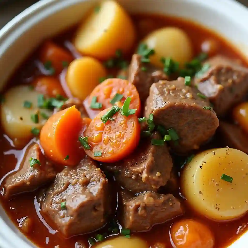 Hearty beef stew with a homemade seasoning blend, ready to serve.