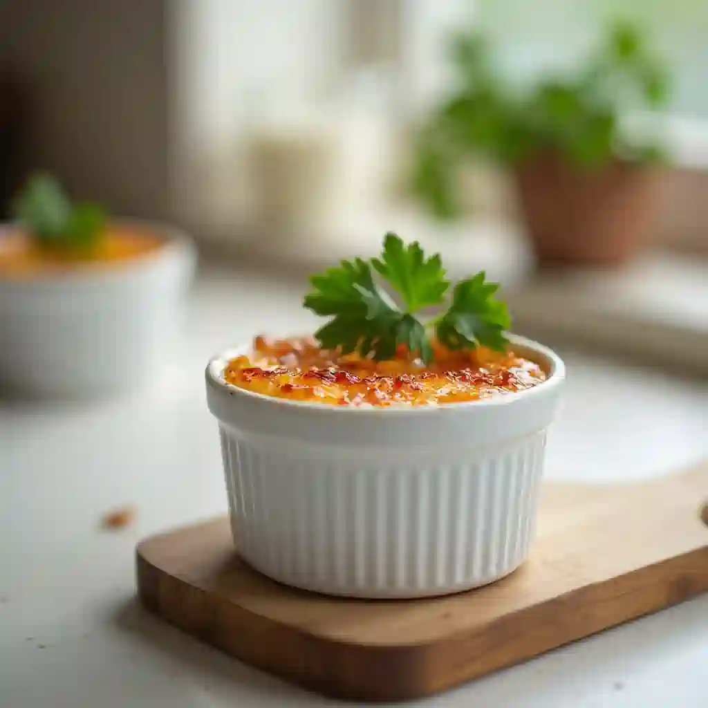 A caramelized Crab Brulee in a white ramekin garnished with parsley.