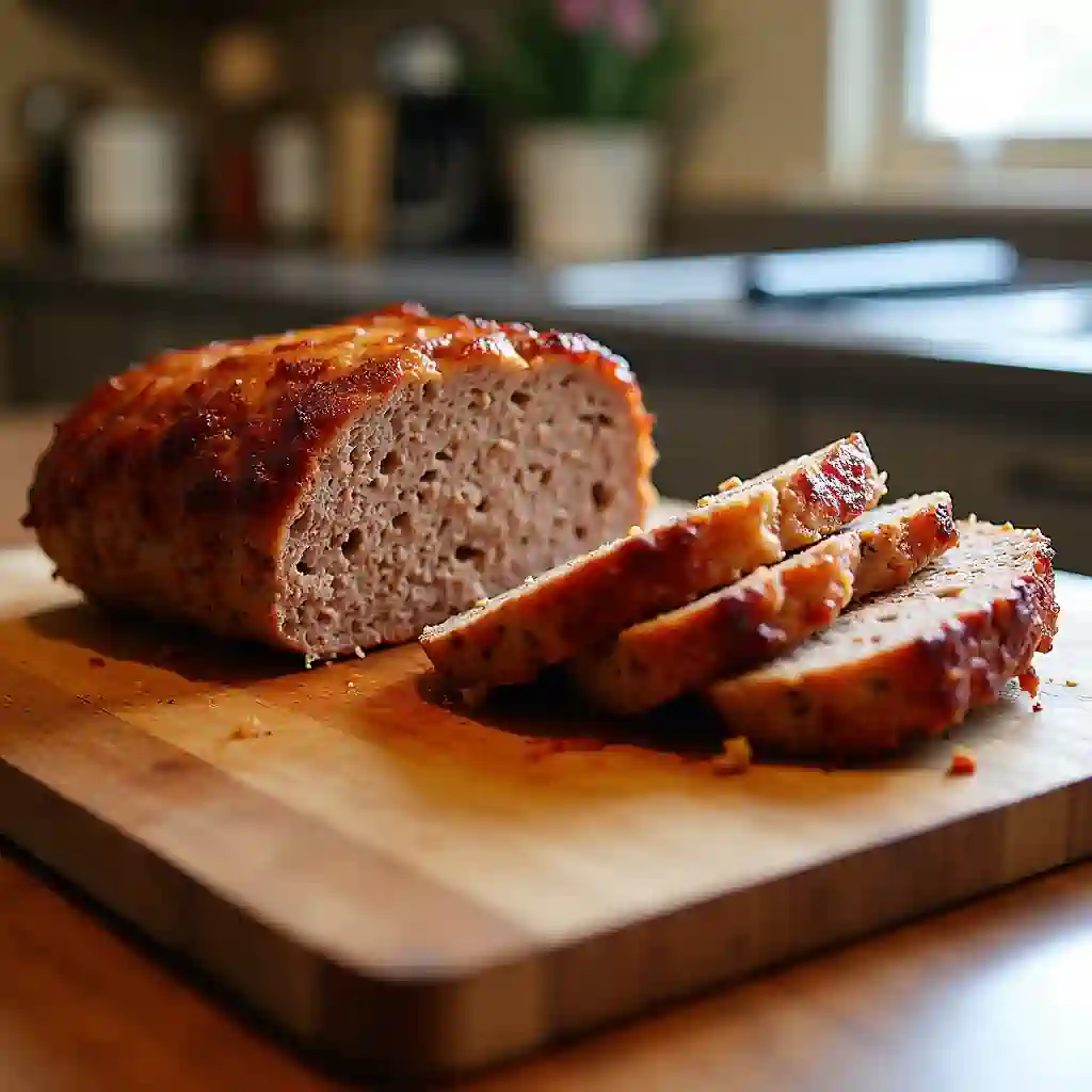 Perfectly cooked 2lb meatloaf sliced to show juicy interior
