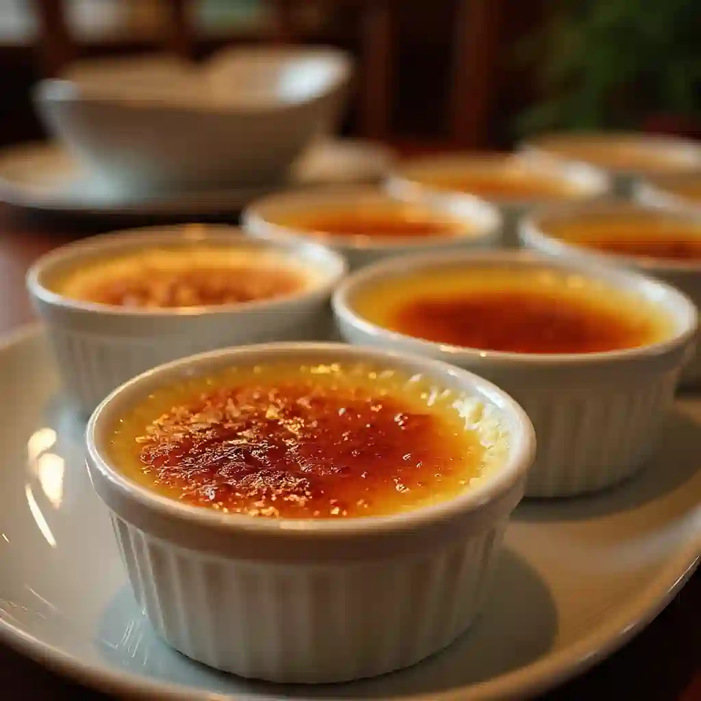 some ramekins of crème brûlée with caramelized tops on a small tray