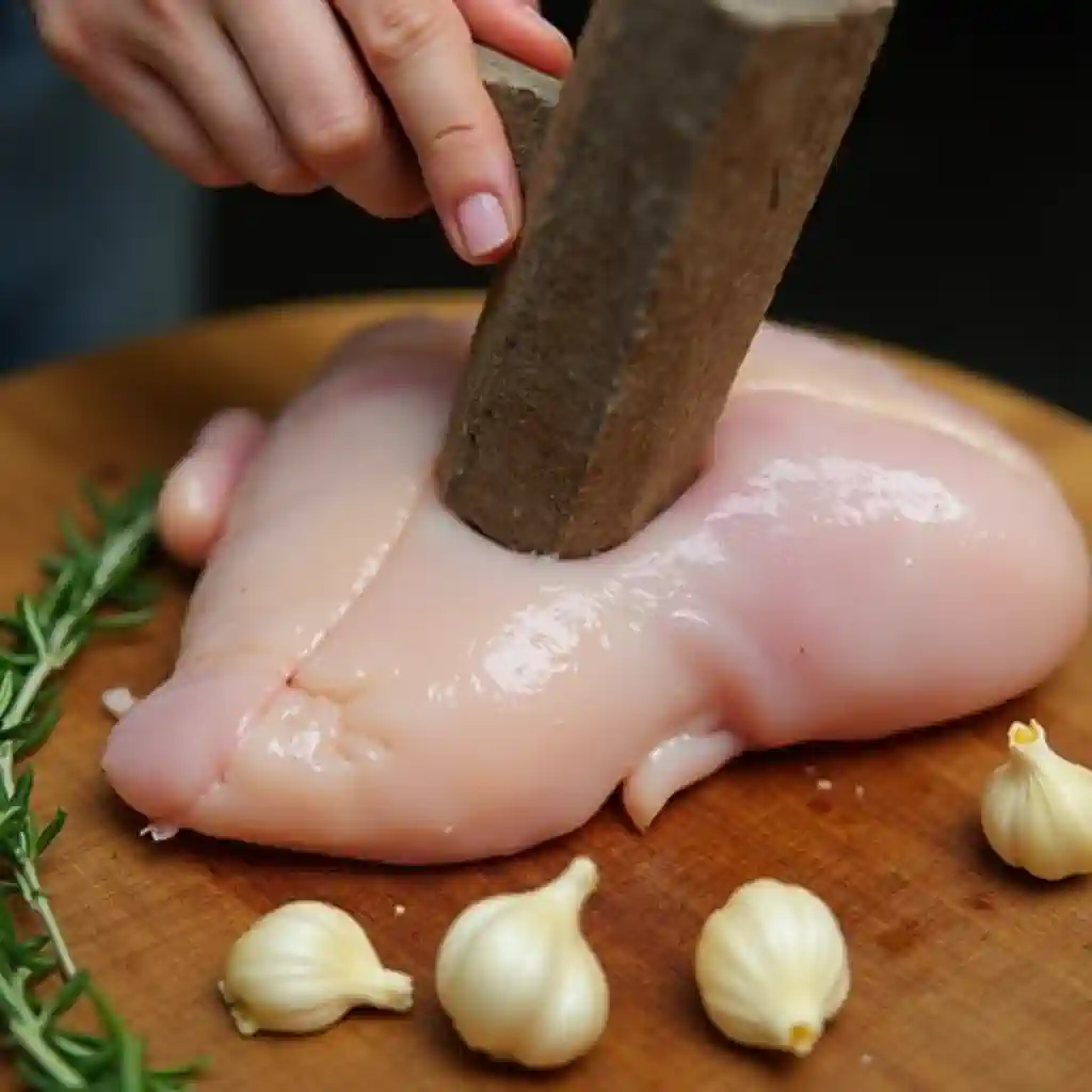 Raw chicken breast being tenderized with herbs and garlic on a cutting board.