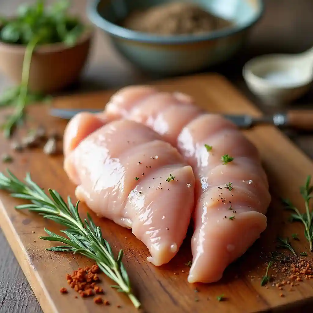 Split chicken breast ready for tenderizing with herbs and tools.