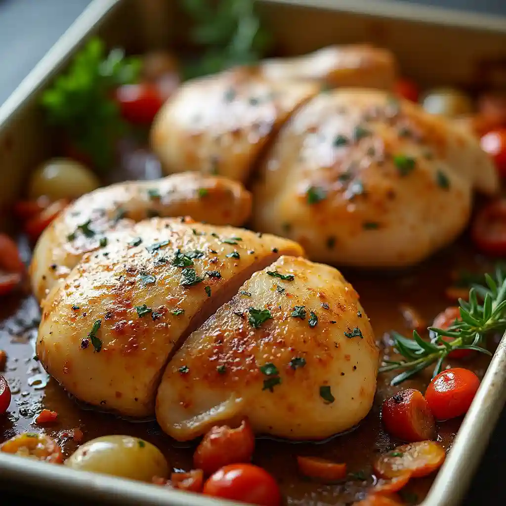 Raw split chicken breasts with herbs and garlic on a cutting board.