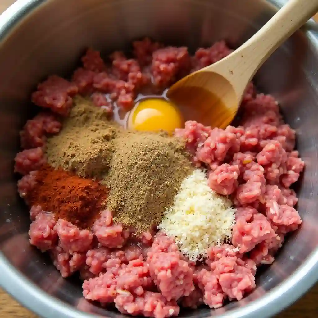 Preparing meatloaf mixture with spices and breadcrumbs