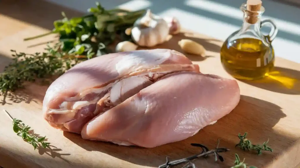 Raw split chicken breast with bone and skin on a cutting board with herbs.