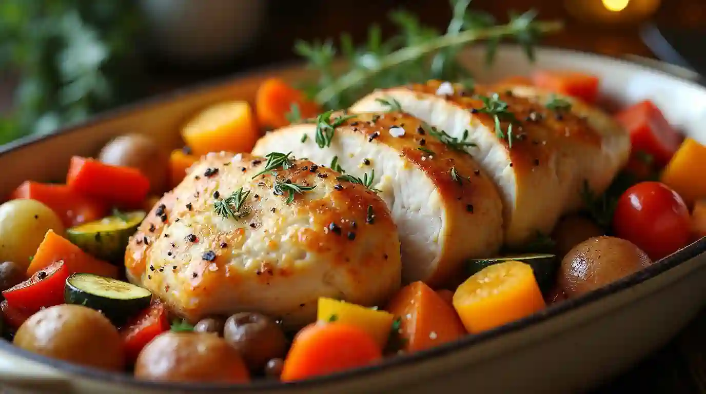 Roasted split chicken breast pieces with vegetables in an oven dish.