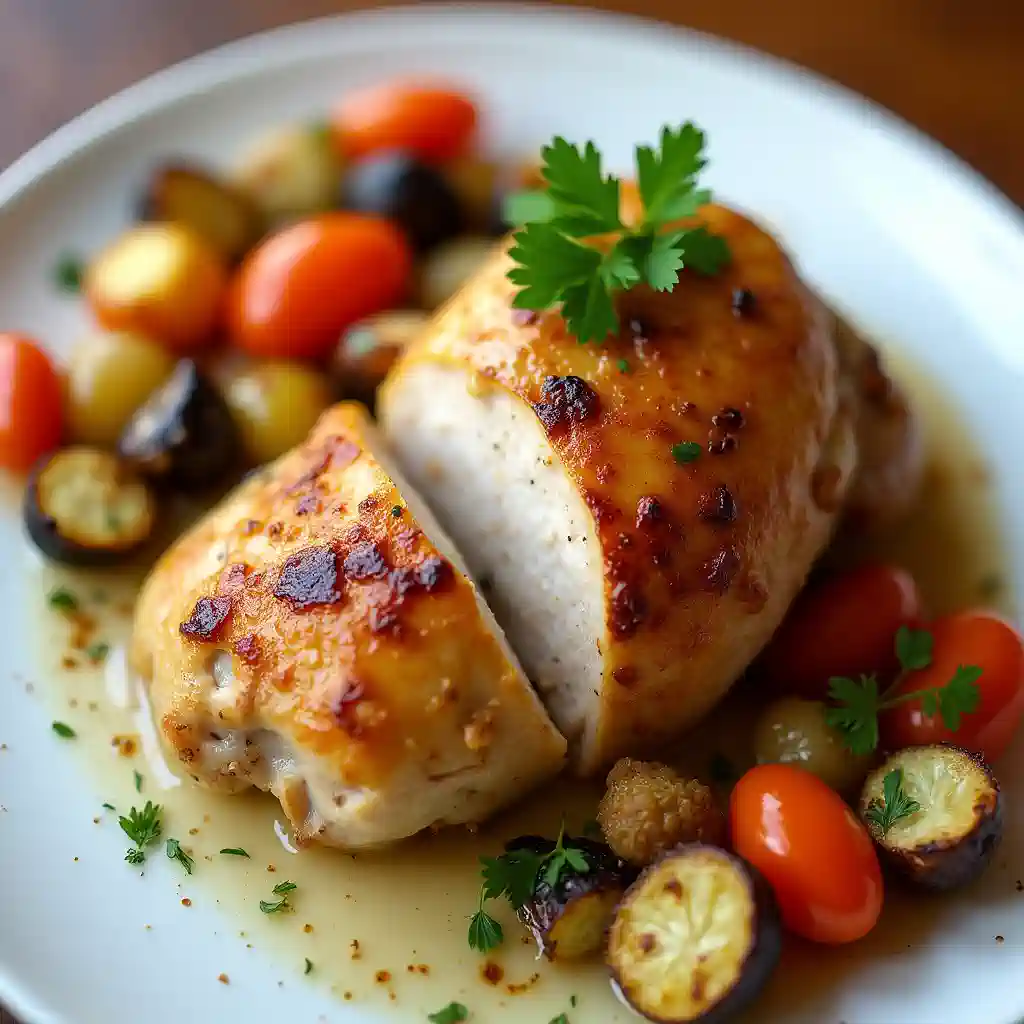 Roasted split chicken breast with golden skin and vegetables.