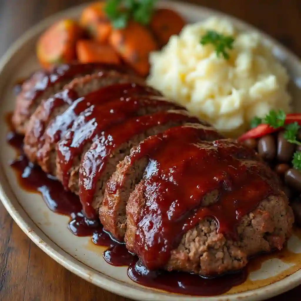 Sliced smoked meatloaf with BBQ glaze and mashed potatoes