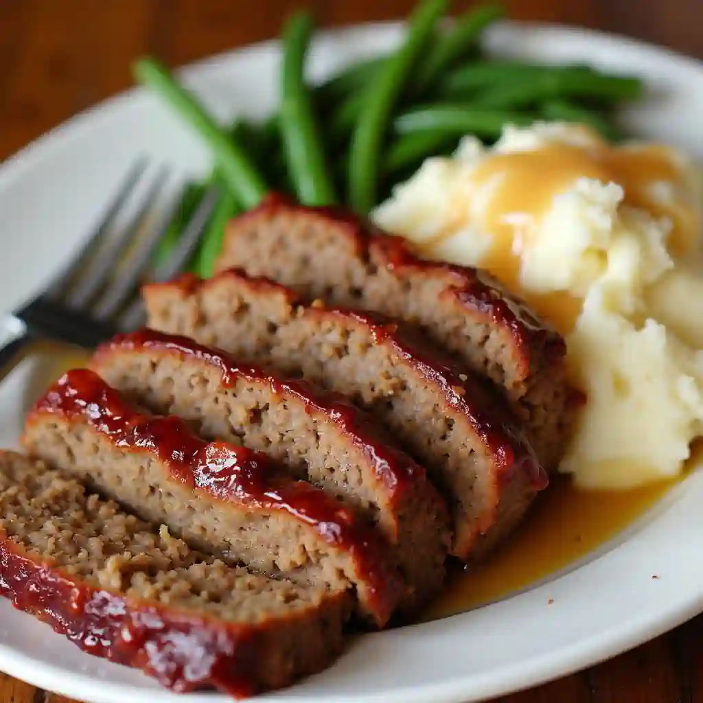 Smoked meatloaf served with mashed potatoes and green beans"