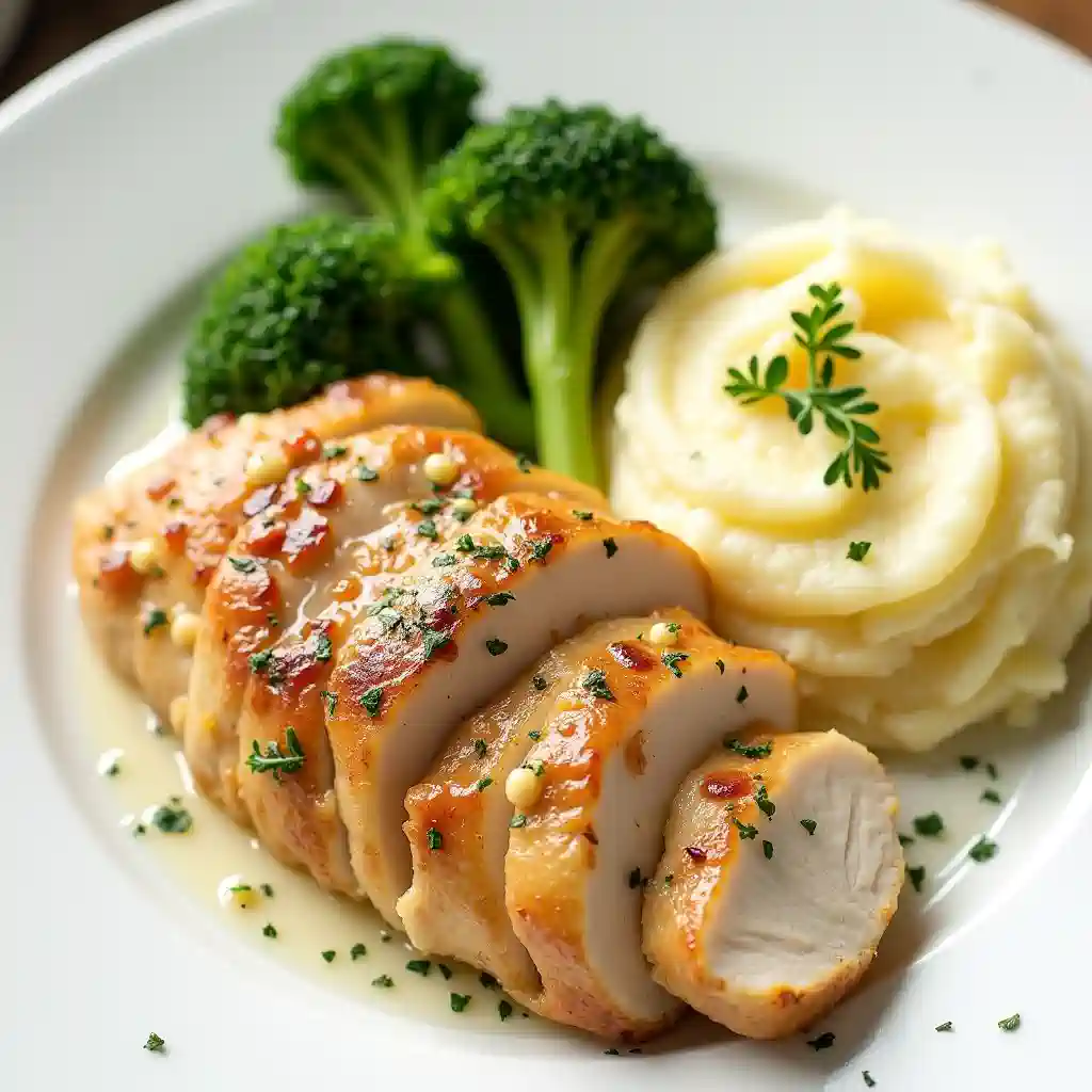 Split chicken breast dinner with mashed potatoes and green beans.