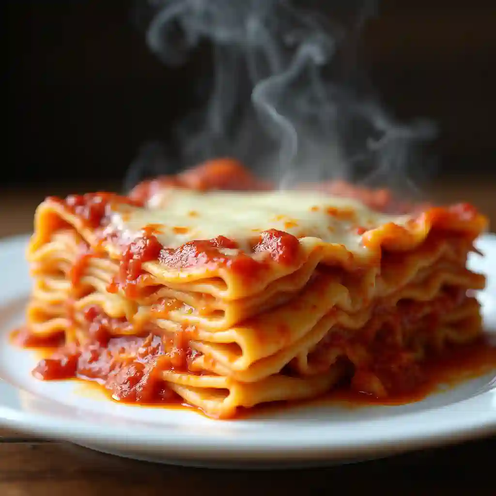 A plated slice of lasagna with visible layers of sauce, noodles, and cheese.