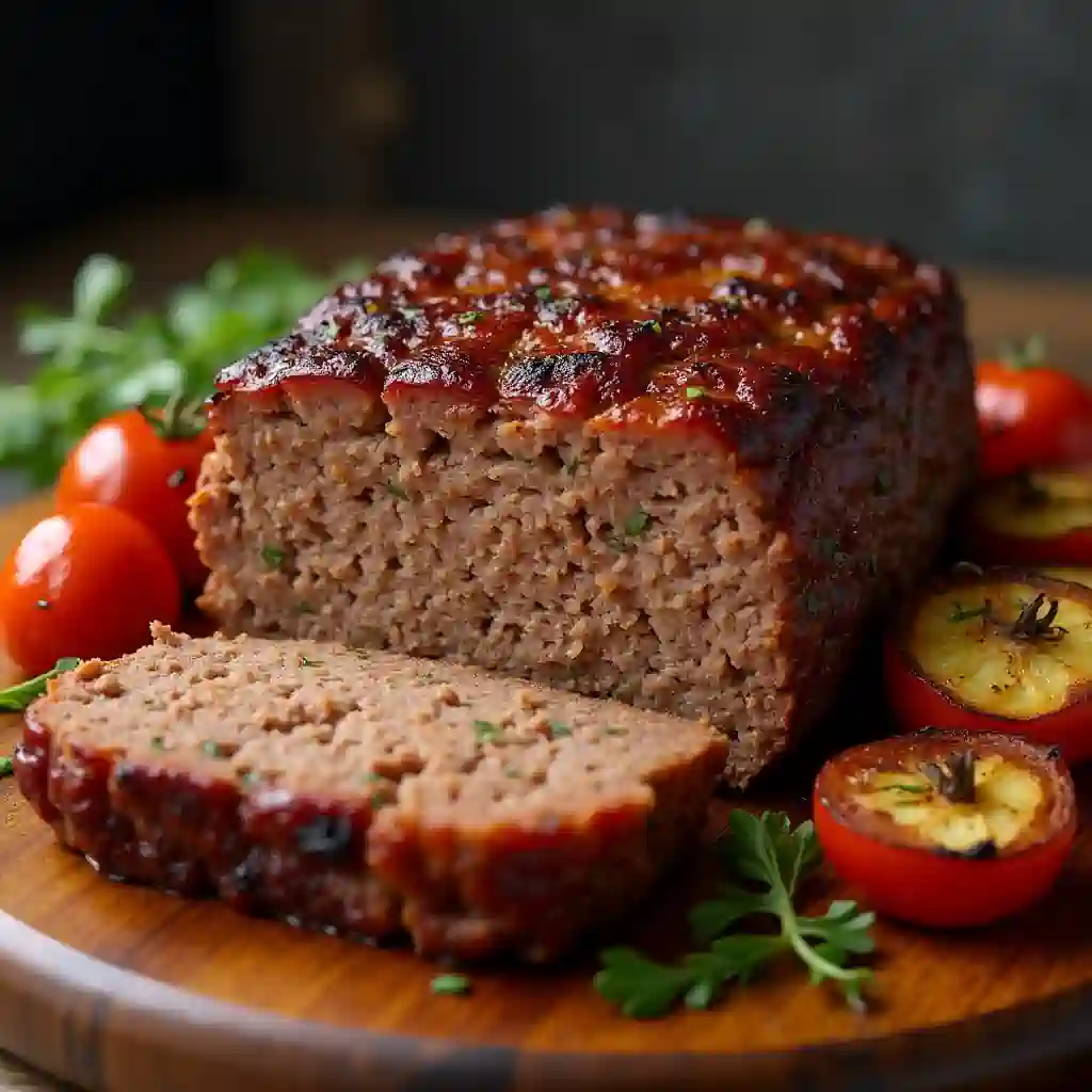Smoked meatloaf on a cutting board with roasted vegetables