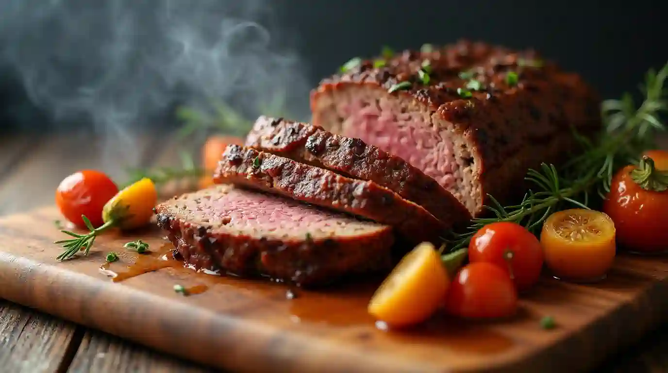 Smoked meatloaf sliced and served on a rustic wooden board