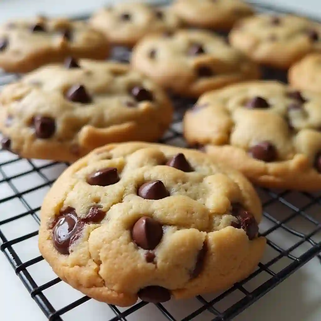 "Freshly baked chocolate chip cookies with chewy texture and golden edges
