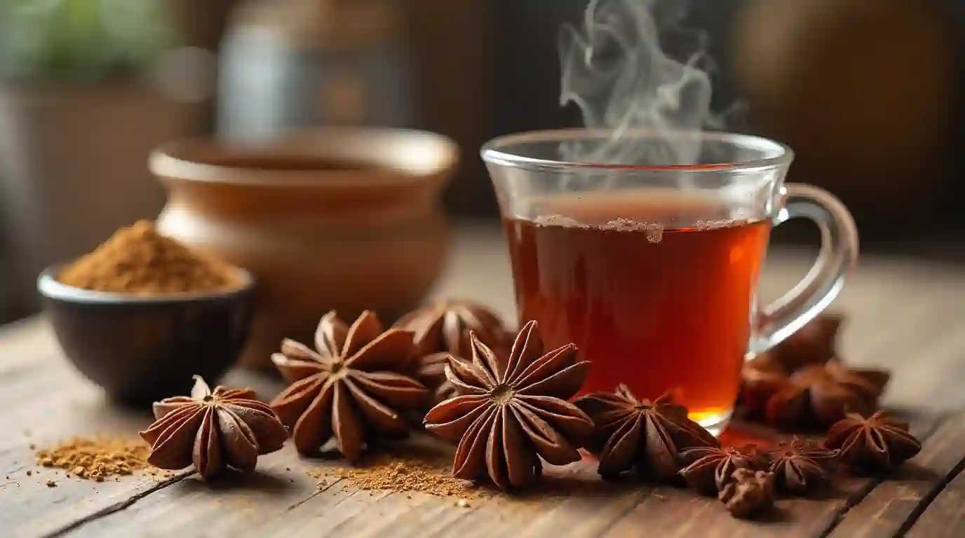 Whole and ground star anise pods on a rustic table with tea.
