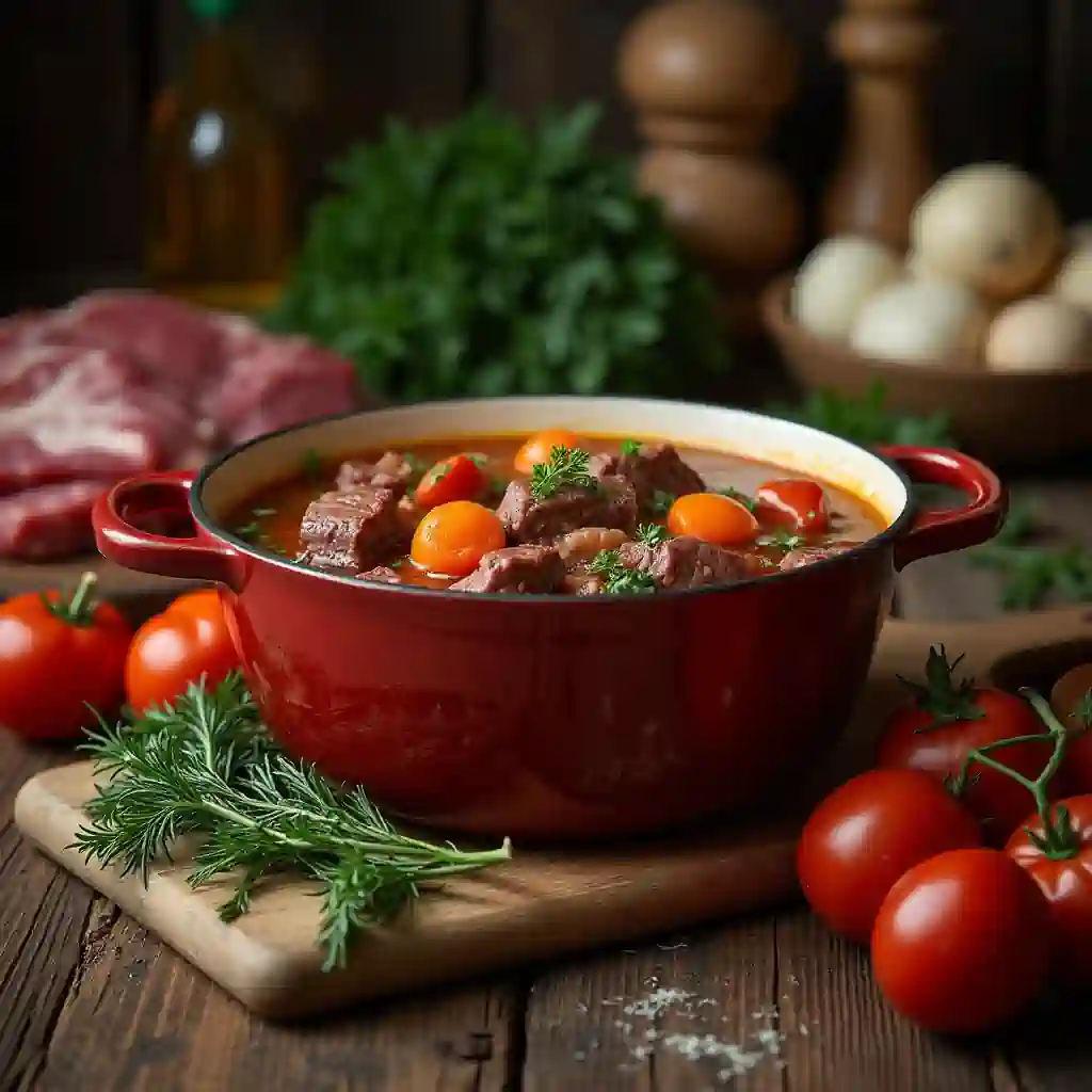 Rustic kitchen scene with beef stew and raw ingredients.