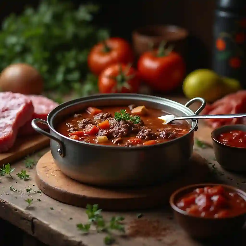Rustic kitchen scene with beef stew and tomato paste.