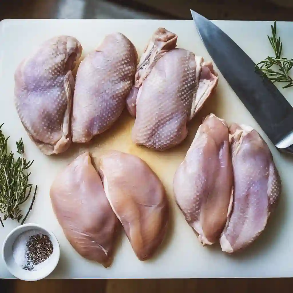 Split chicken breasts vs. boneless chicken breasts on a cutting board with herbs and seasoning.