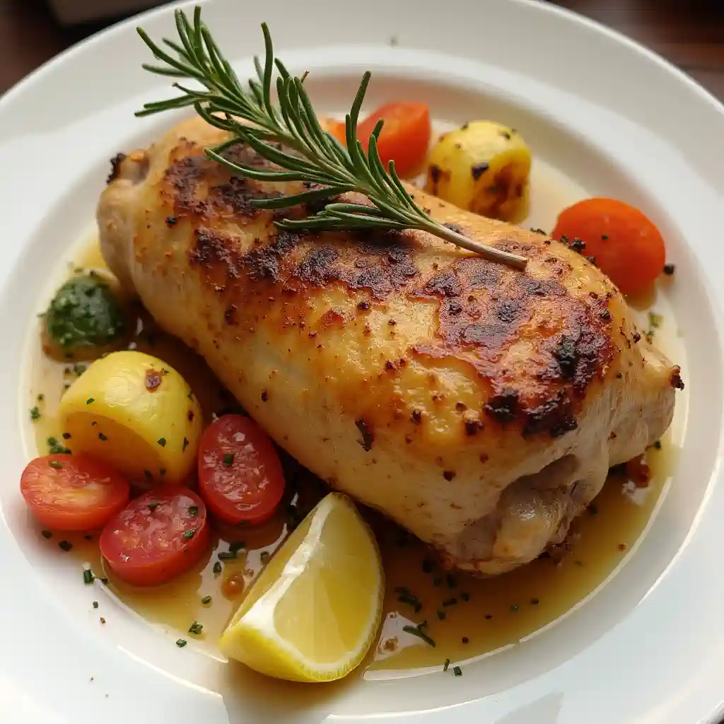 Perfectly baked chicken thigh with crispy skin, served with roasted vegetables and