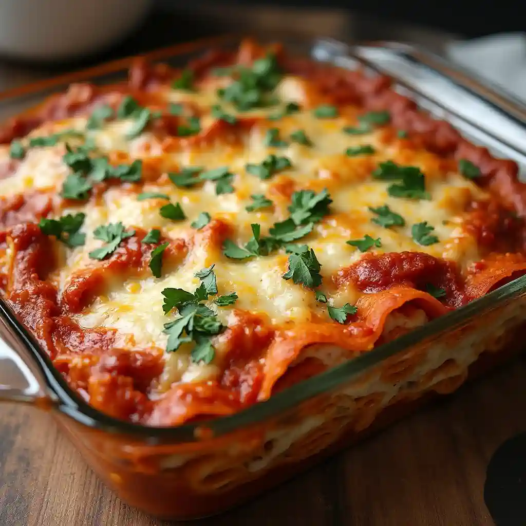 A whole Barilla lasagna baked golden and served in a glass dish