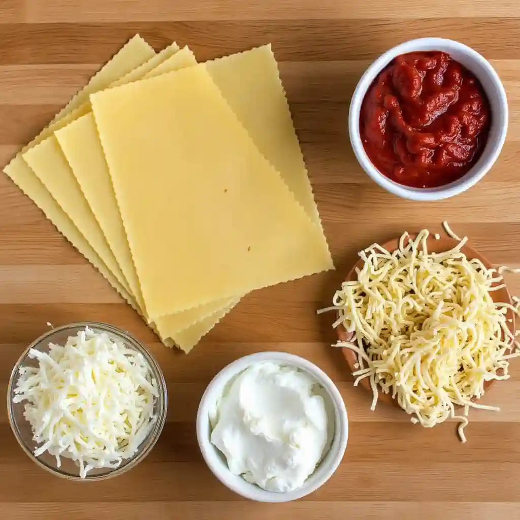 Ingredients for Barilla lasagna including pasta sheets, sauces, and cheese neatly displayed