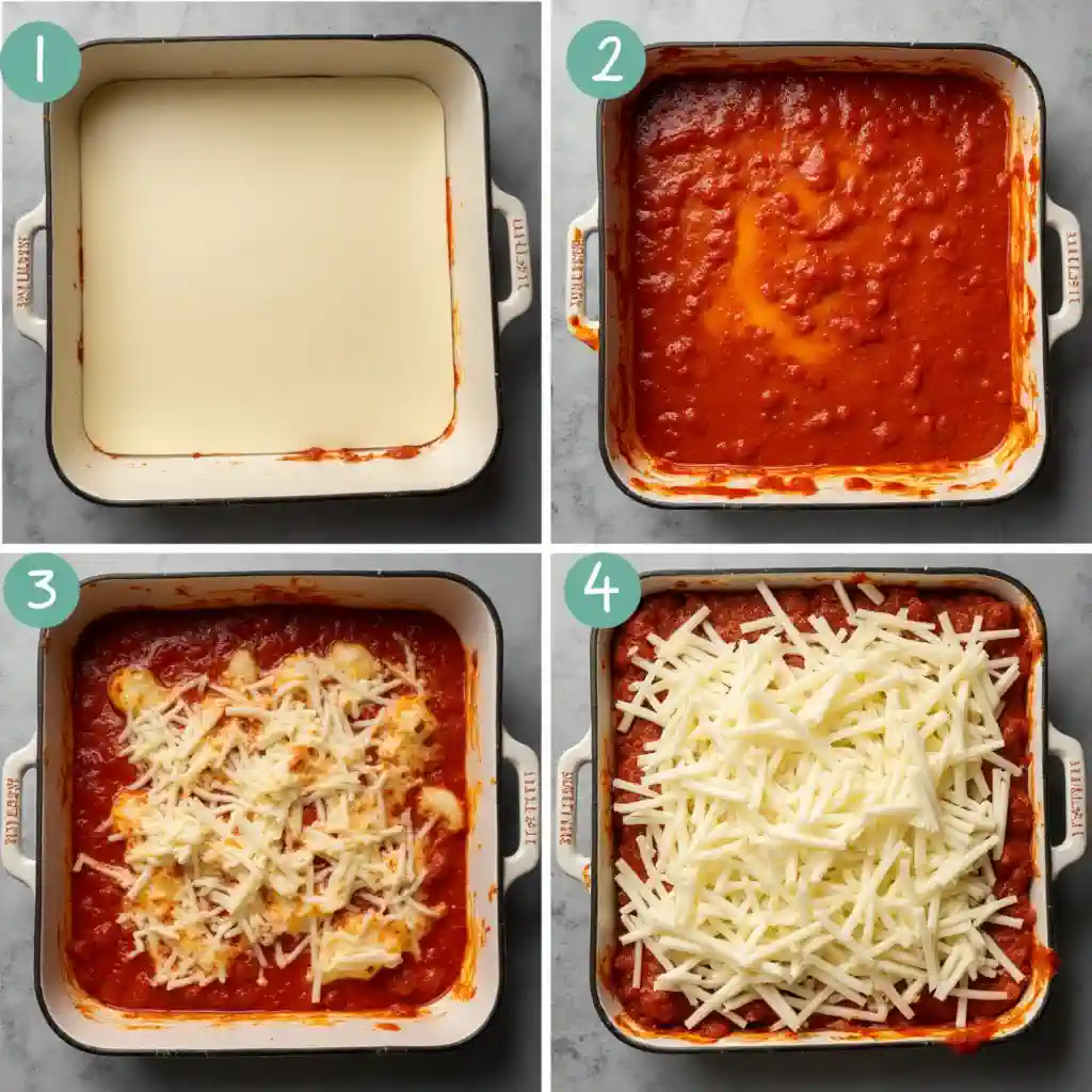 Unbaked Barilla lasagna layers in a baking dish ready to cook
