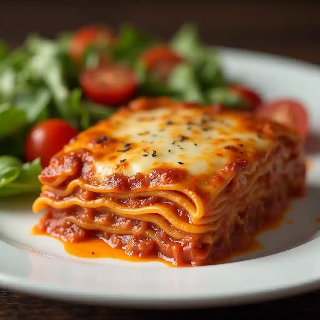 Sliced Barilla lasagna with visible layers of pasta and cheese on a white plate