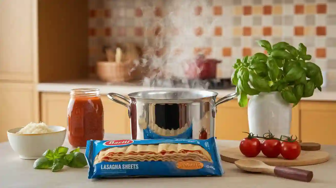 Barilla lasagna sheets with boiling water, tomato sauce, cheese, and fresh basil.
