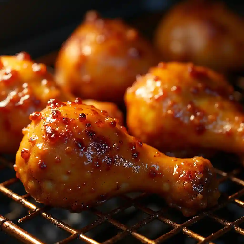Honey-glazed chicken drumsticks with crispy skin on a wire rack