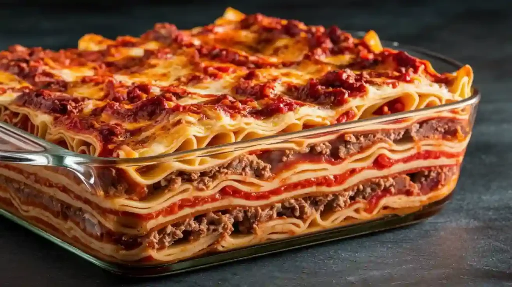 A layered Barilla lasagna with pasta, tomato sauce, cheese, and meat filling, golden and bubbly on top.