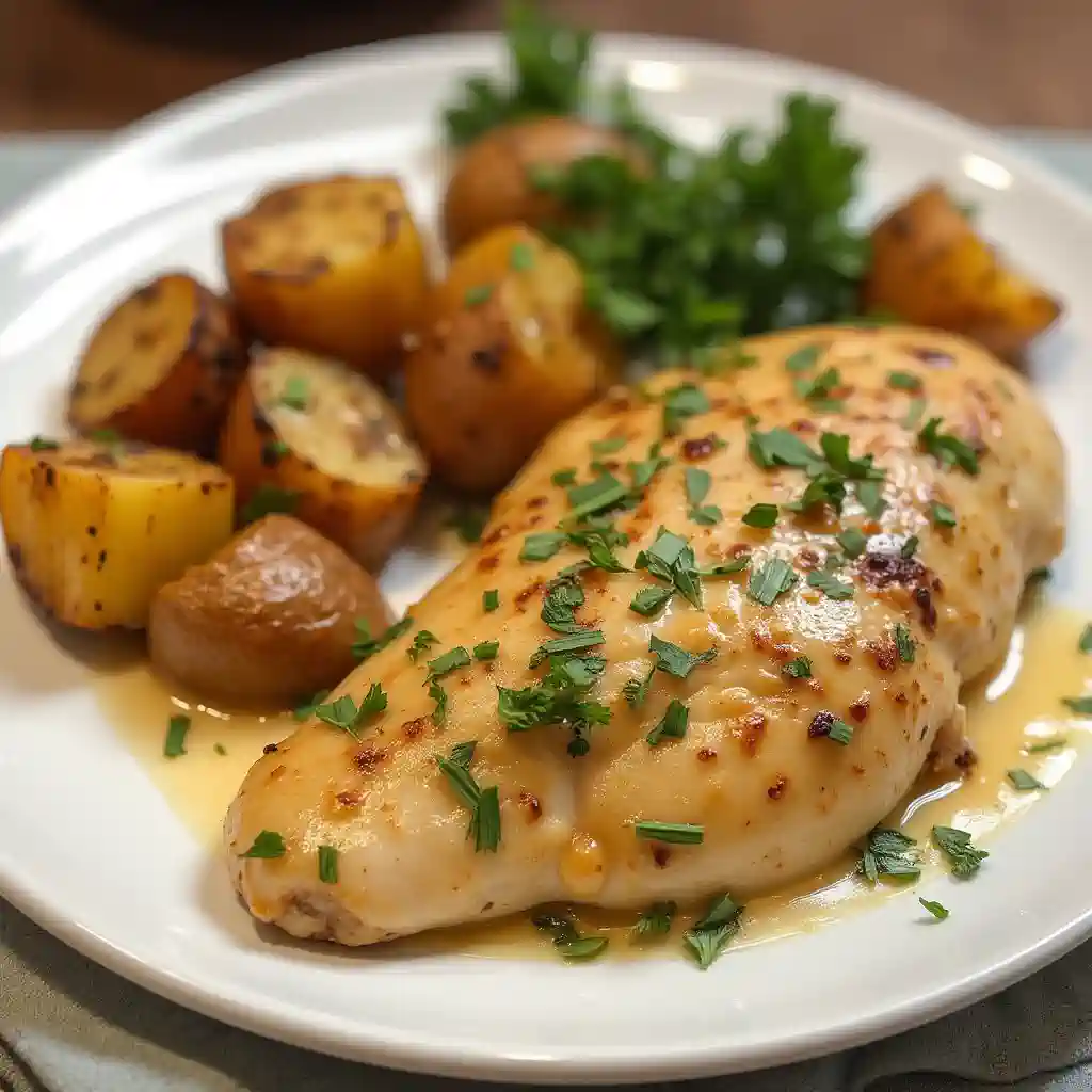Lemon garlic chicken breast with roasted potatoes and parsley garnish