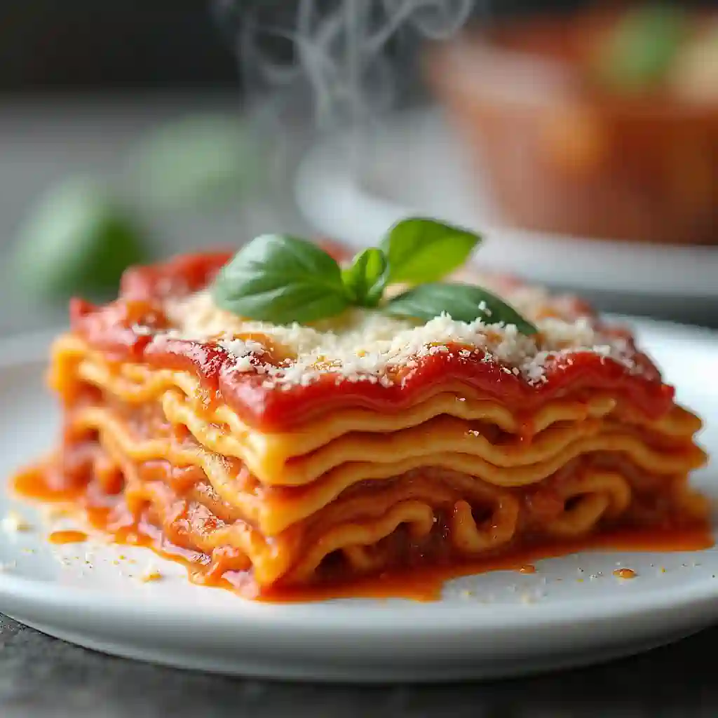 A freshly baked slice of Barilla lasagna garnished with basil and Parmesan cheese on a white plate.