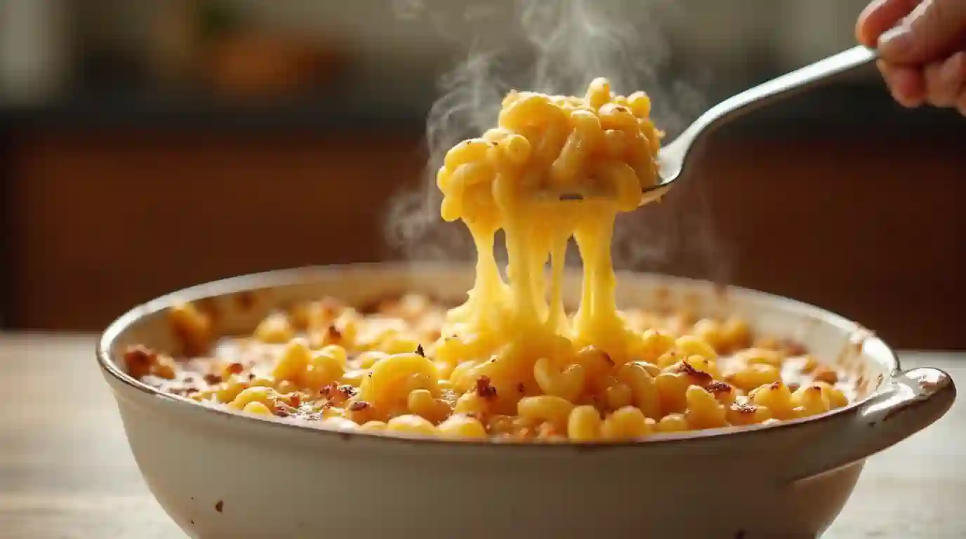 A bowl of creamy baked Chick-fil-A mac and cheese with a cheesy pull.