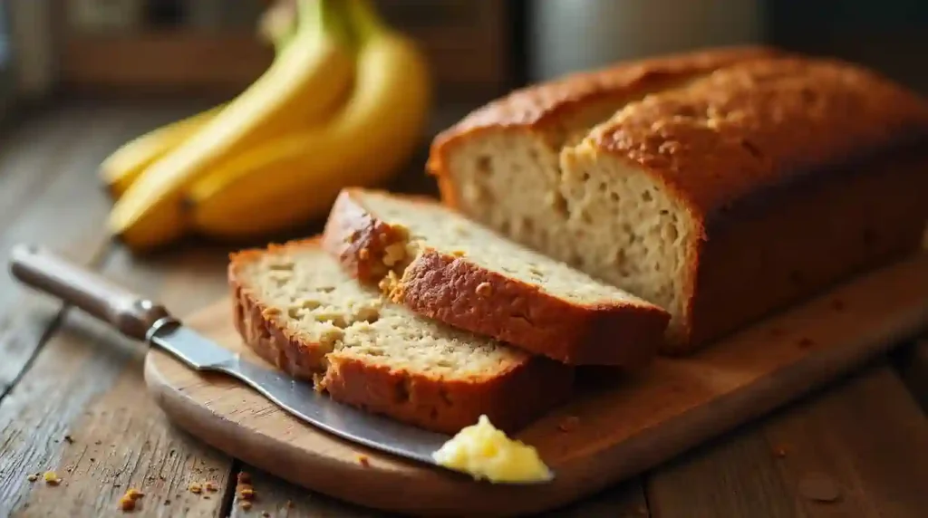 Freshly baked Betty Crocker banana bread on a wooden board.
