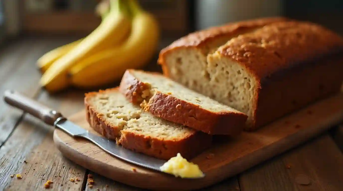 Freshly baked Betty Crocker banana bread on a wooden board.