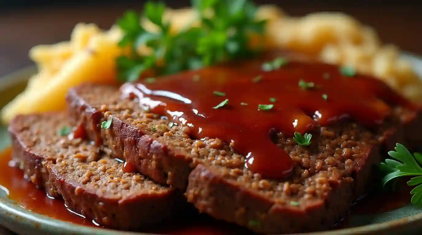 Succulent meatloaf topped with a glossy sauce glaze on a rustic plate.