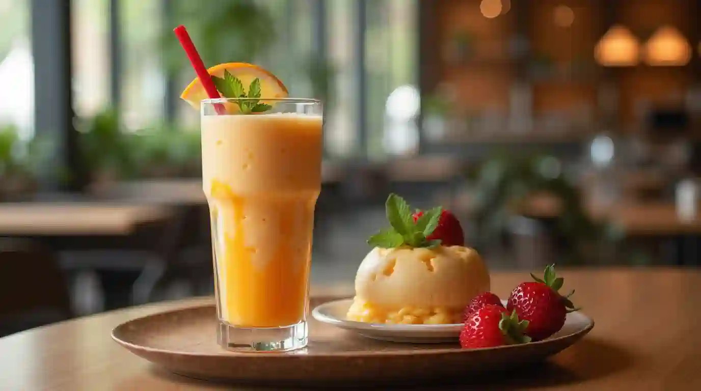 Thick, creamy beverage in a tall glass with whipped cream and cherry.