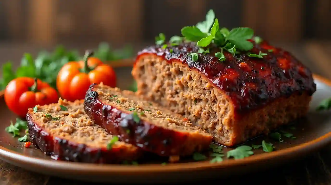 Freshly baked bbq meatloaf on a rustic ceramic dish.
