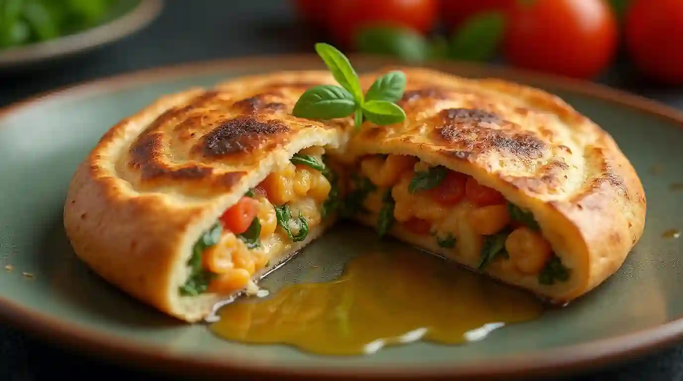 Freshly baked calzone with golden crust and melted cheese.