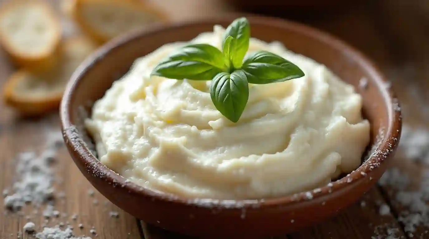 Fresh ricotta cheese in a bowl with powdered sugar and basil.