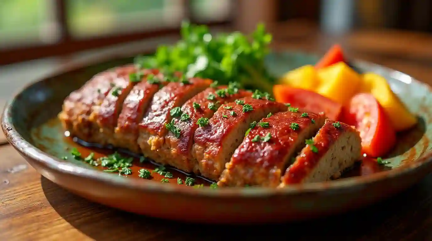 Freshly baked turkey meatloaf on a rustic plate.