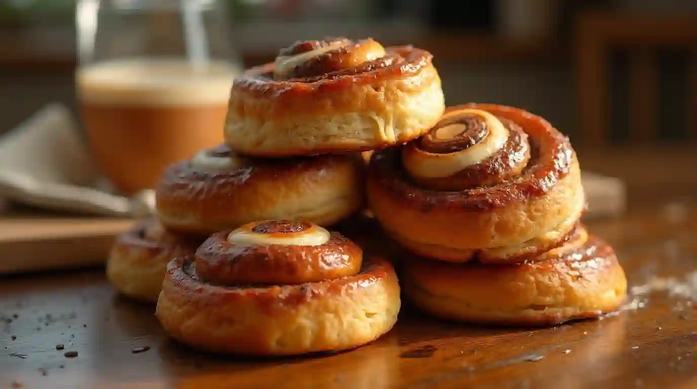 Freshly baked cinnamon rolls with glaze on a rustic wooden table.