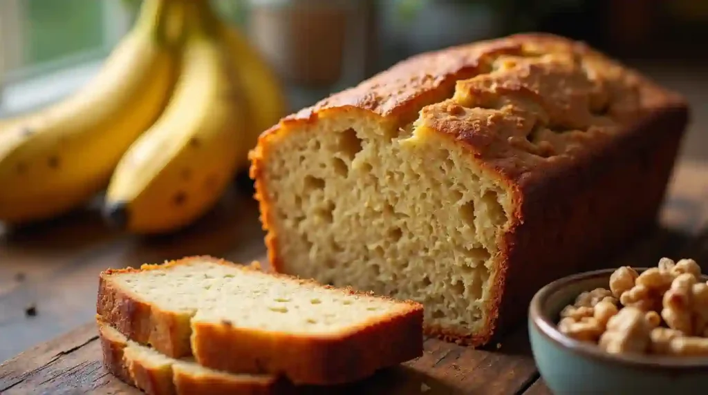 Golden banana bread made with cake mix on a rustic table.
