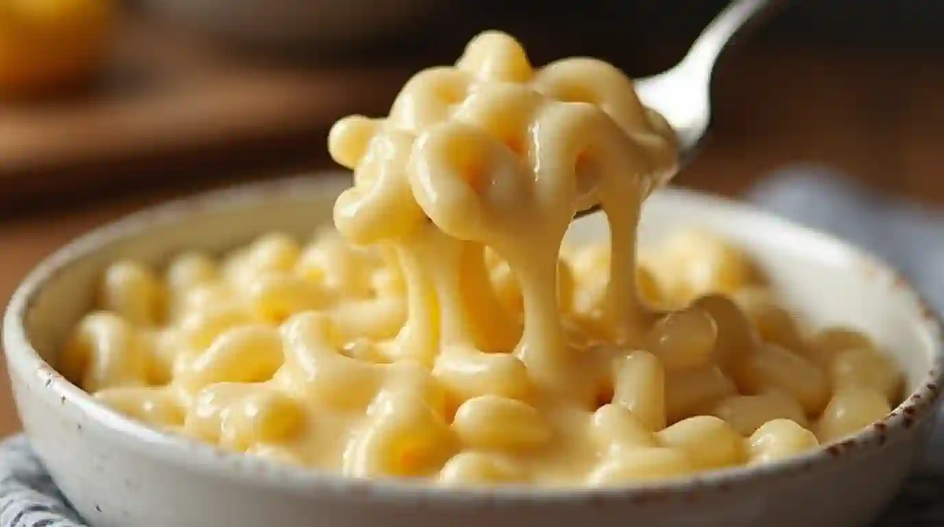 A bowl of creamy Panera mac and cheese with a cheesy pull.
