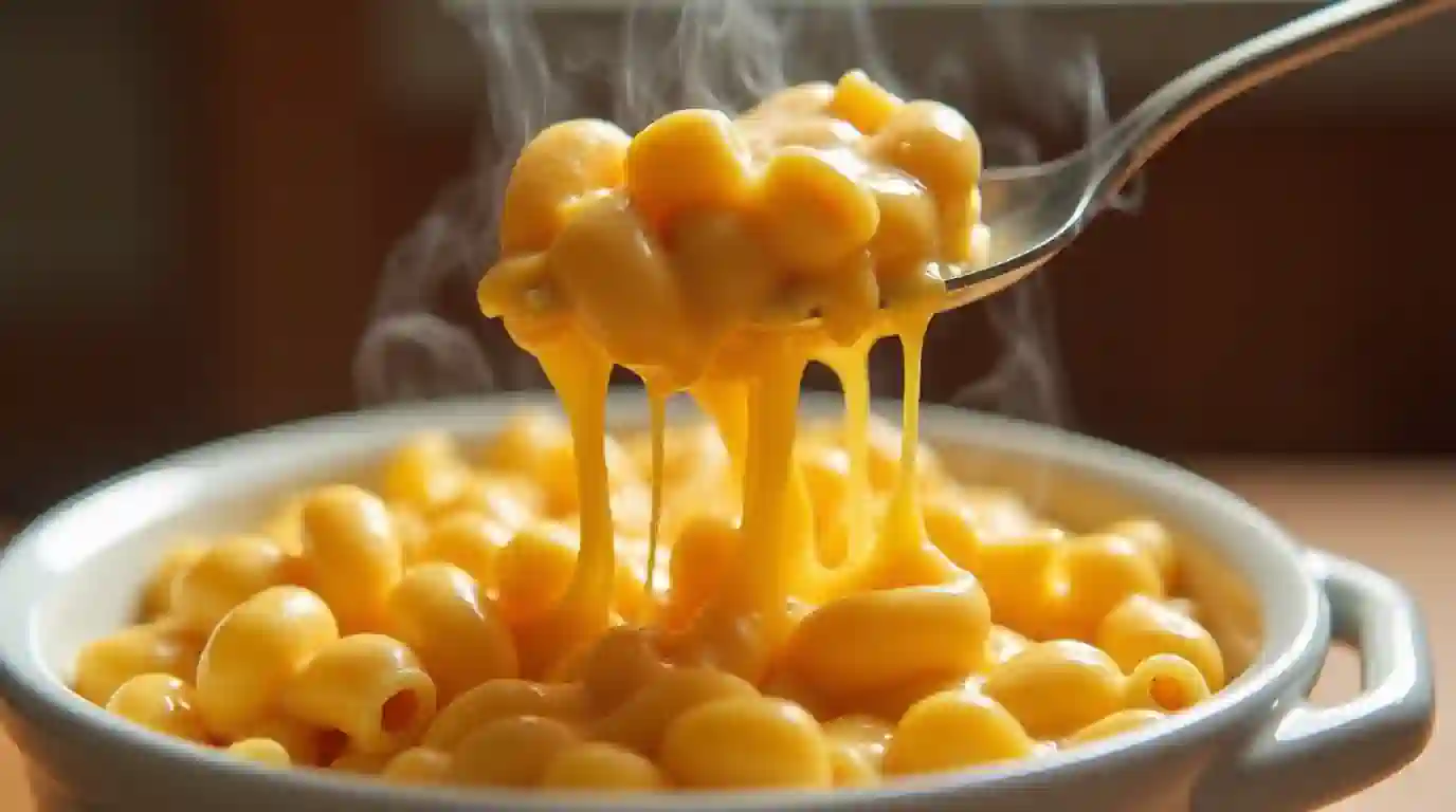 A bowl of creamy Velveeta mac and cheese with gooey cheese pull.