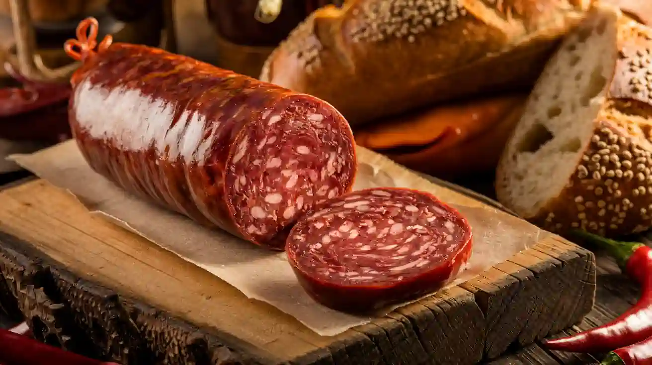 Whole 'nduja sausage with slices on a wooden board, accompanied by chili peppers and bread.