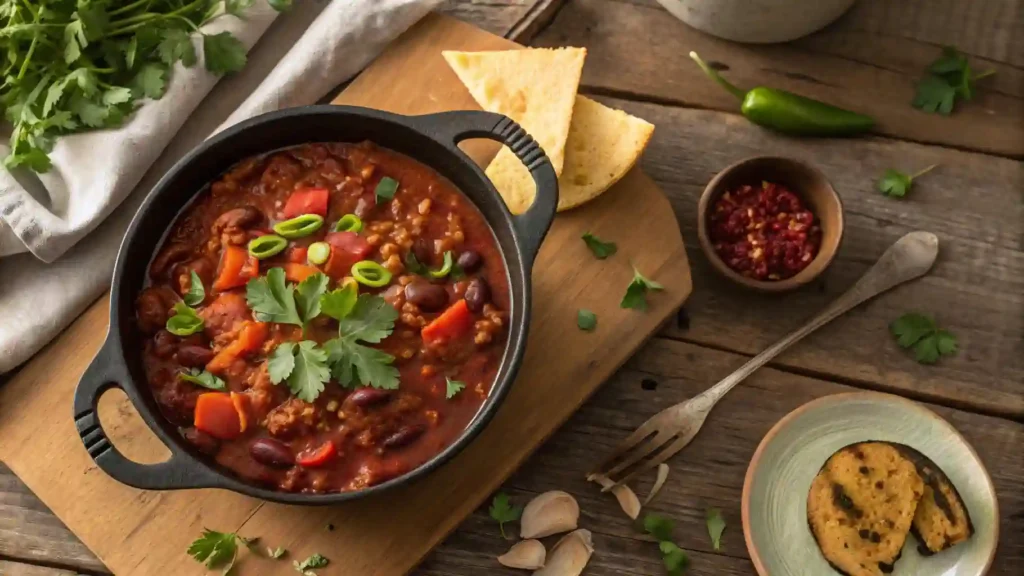 Classic vegan venison chili in a cast iron pot