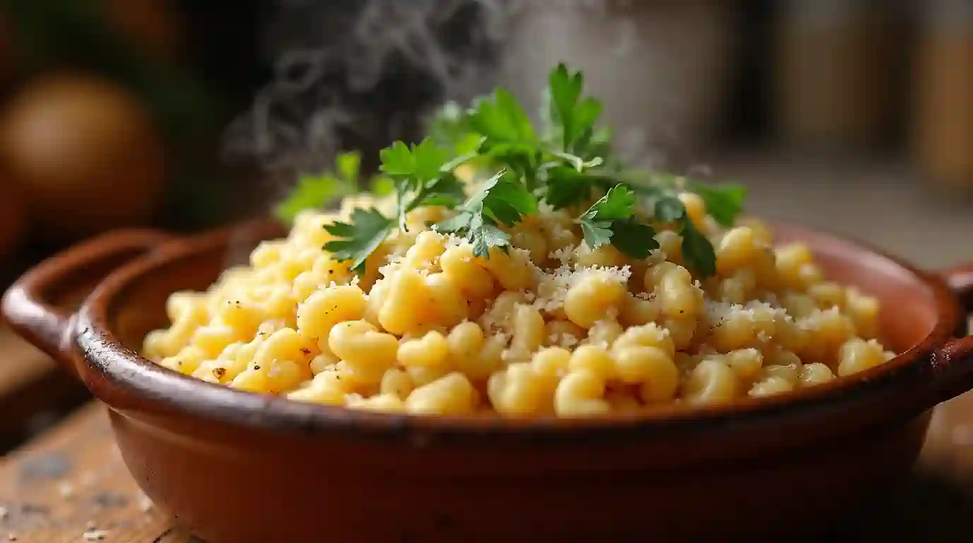 Creamy Parmesan garlic orzo served in a rustic bowl